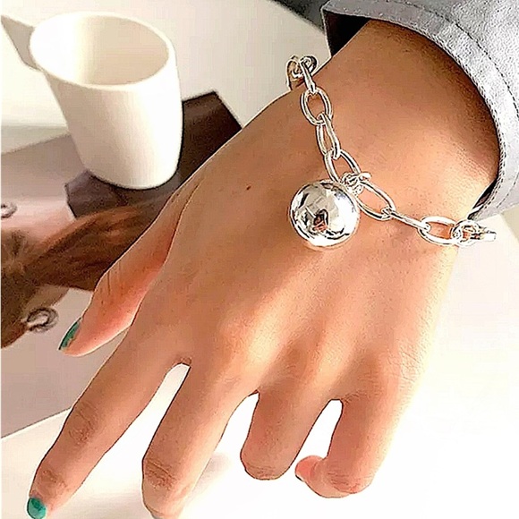 Sterling Silver Chain Link Ball Drop Bangle Bracelet - Picture 2 of 7